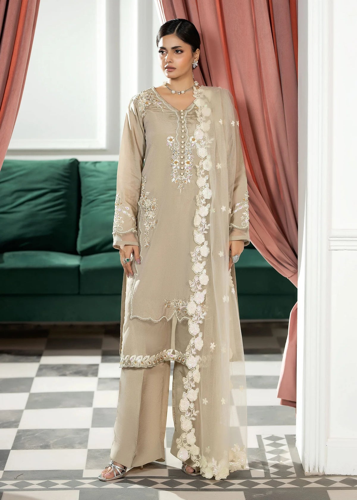 3- Piece Embroidered Raw Silk Suit