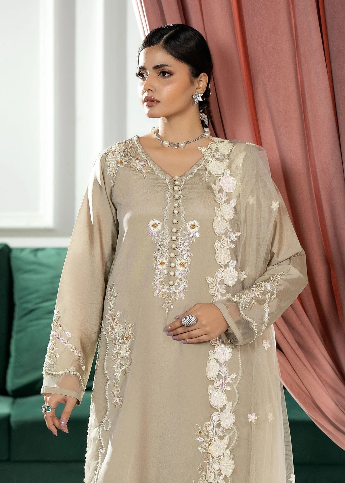 3- Piece Embroidered Raw Silk Suit