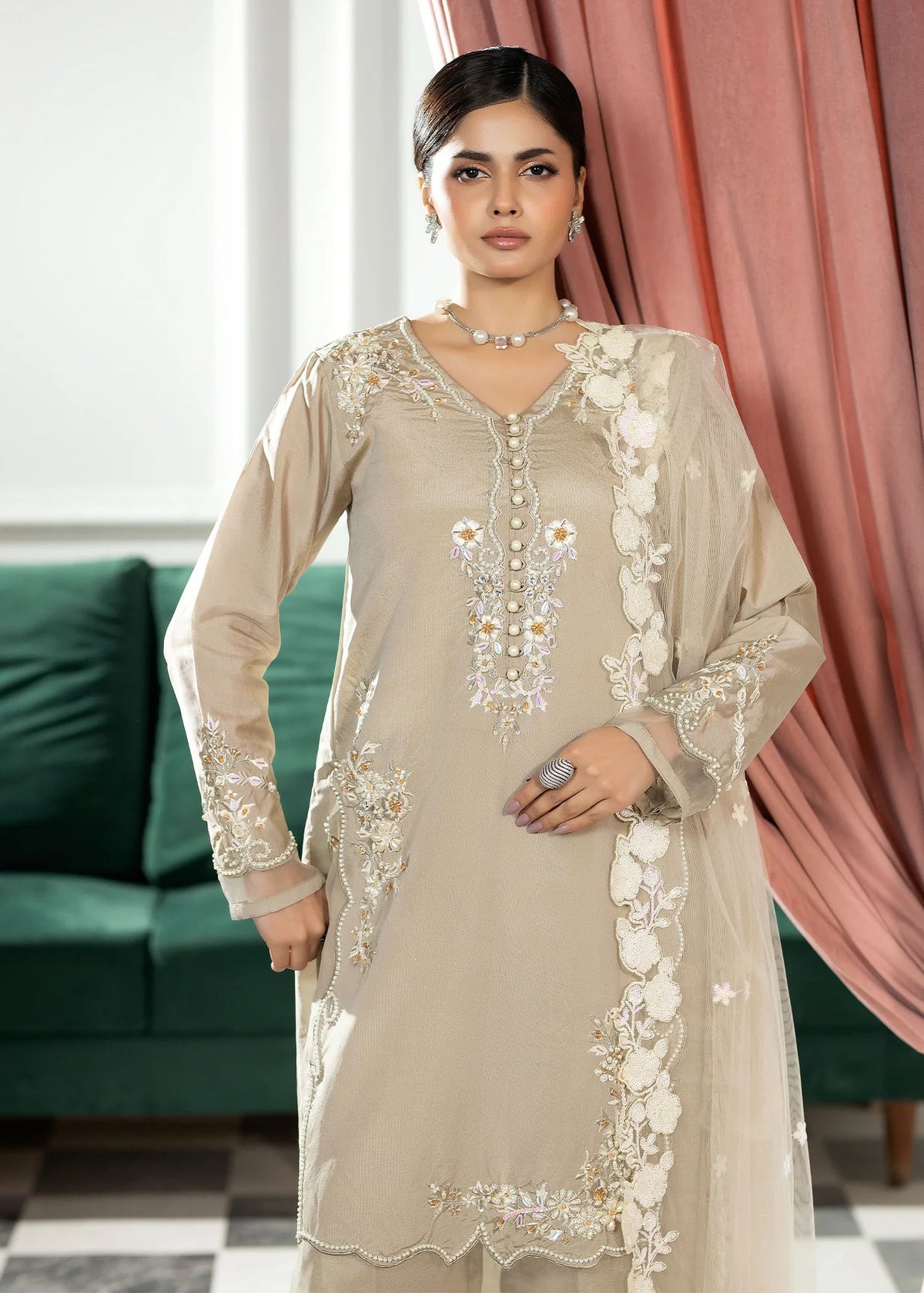 3- Piece Embroidered Raw Silk Suit