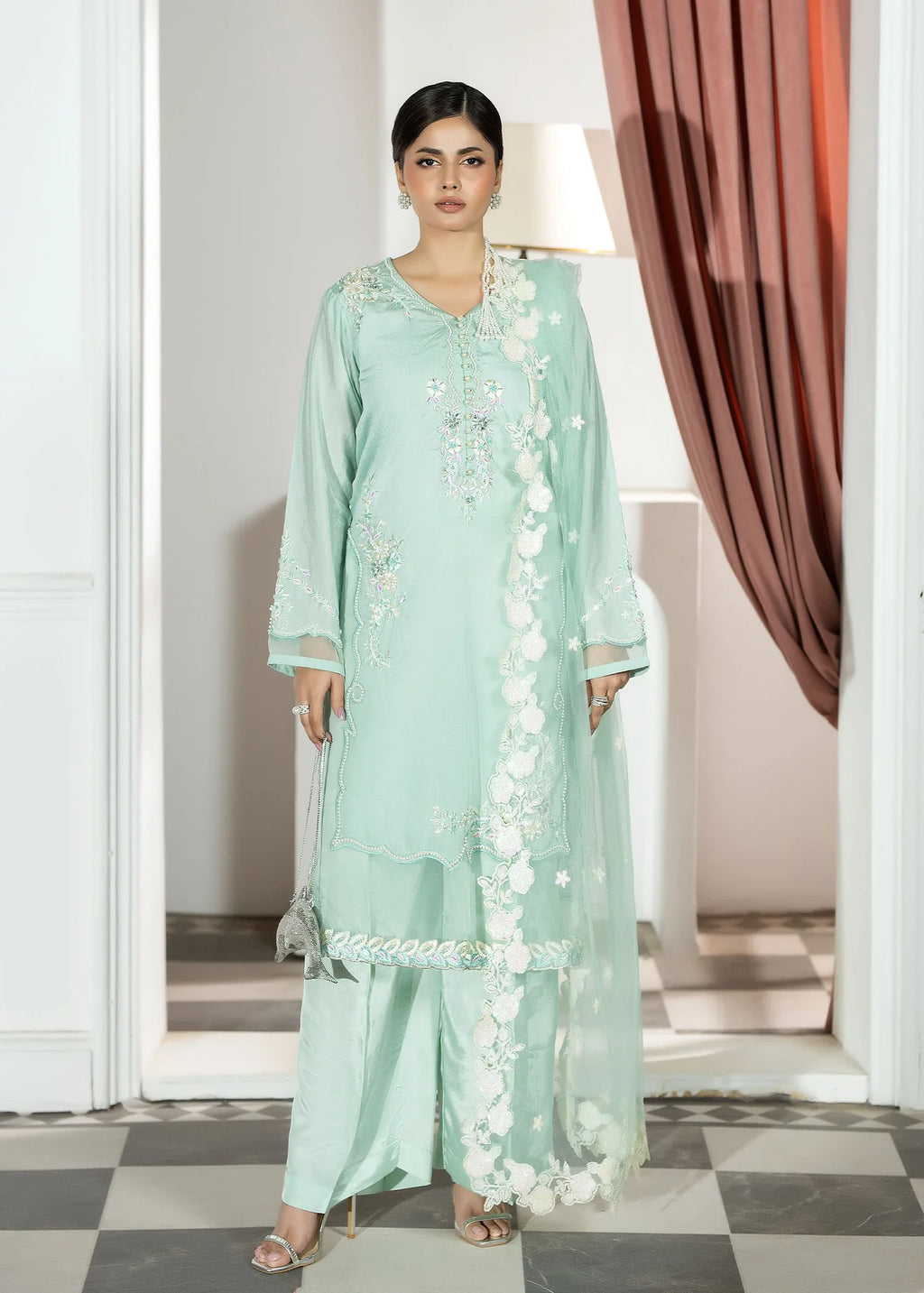 3- Piece Embroidered Raw Silk Suit