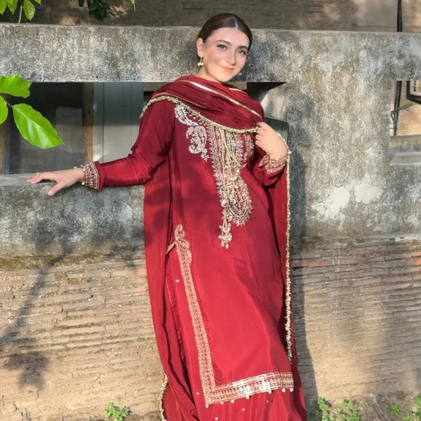 3- Piece Embroidered Raw Silk Suit