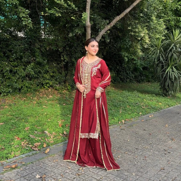 3- Piece Embroidered Raw Silk Suit