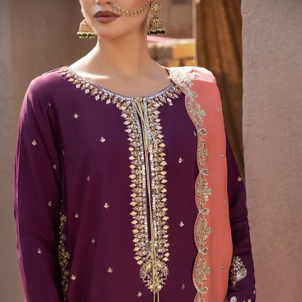 3- Piece Embroidered Raw Silk Suit