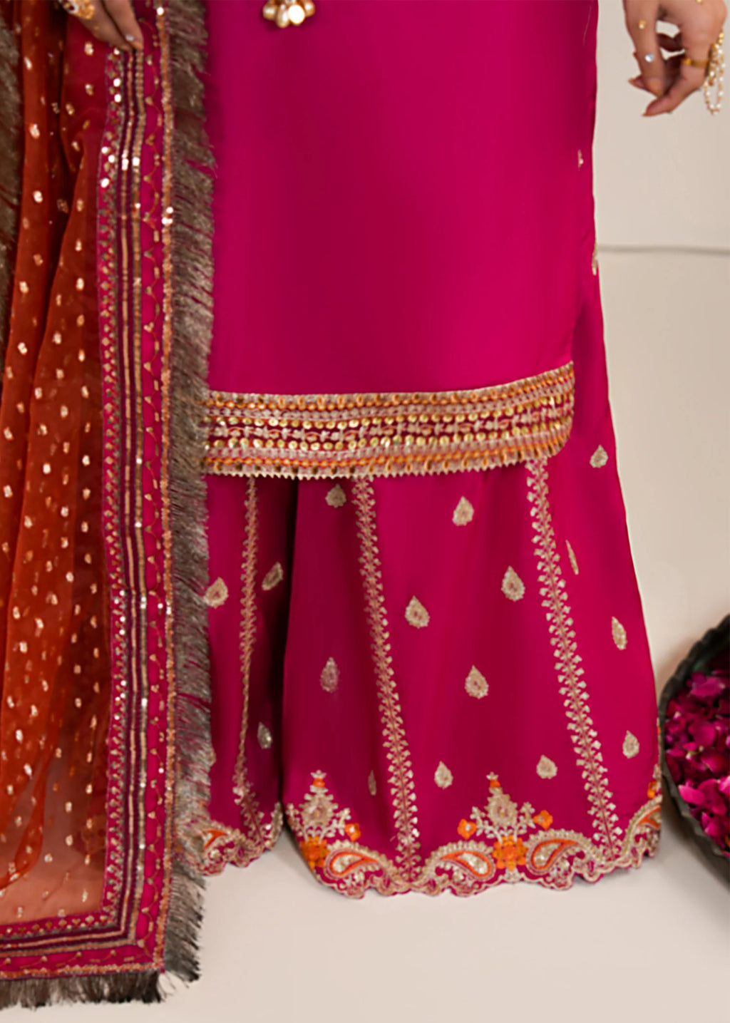 3- Piece Vibrant Fuchsia Raw Silk Sharara Set