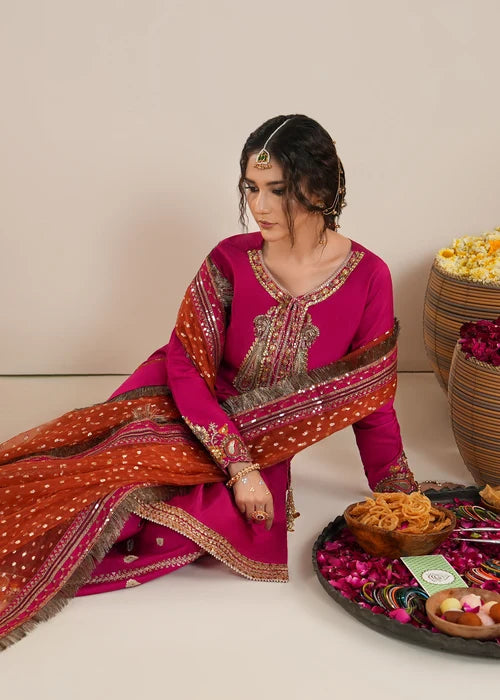 3- Piece Vibrant Fuchsia Raw Silk Sharara Set
