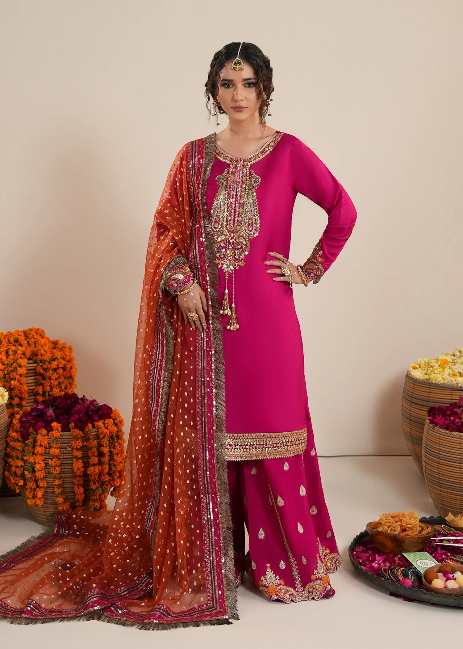 3- Piece Vibrant Fuchsia Raw Silk Sharara Set