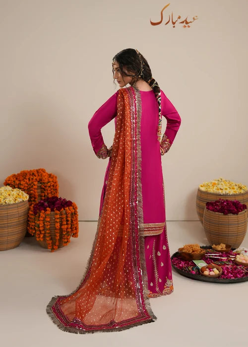 3- Piece Vibrant Fuchsia Raw Silk Sharara Set