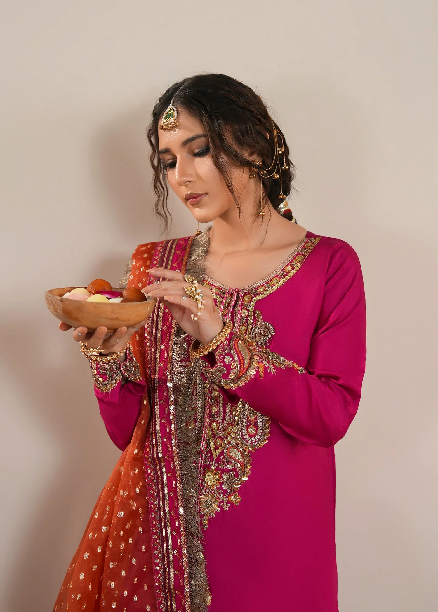 3- Piece Vibrant Fuchsia Raw Silk Sharara Set