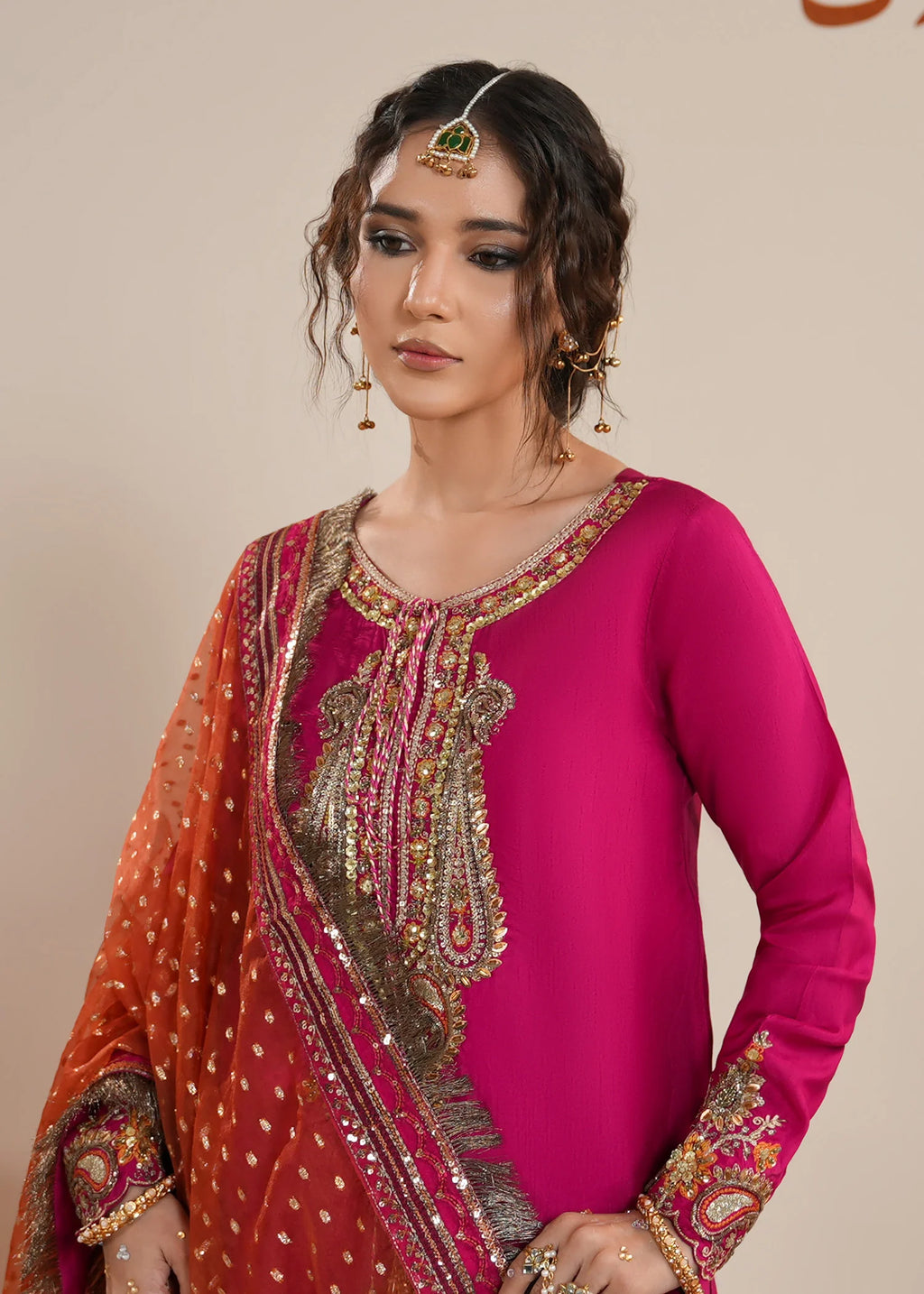 3- Piece Vibrant Fuchsia Raw Silk Sharara Set