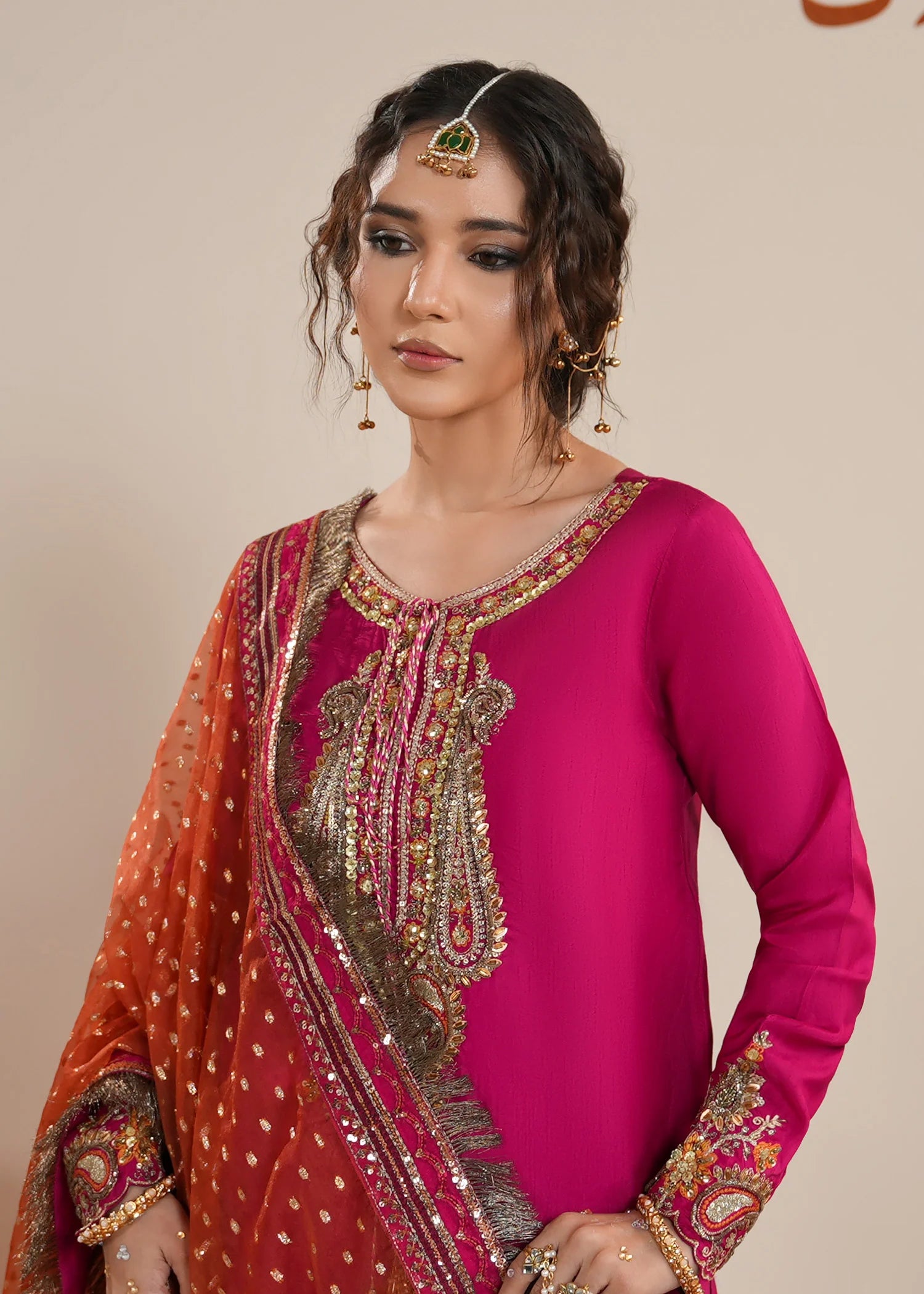 3- Piece Vibrant Fuchsia Raw Silk Sharara Set