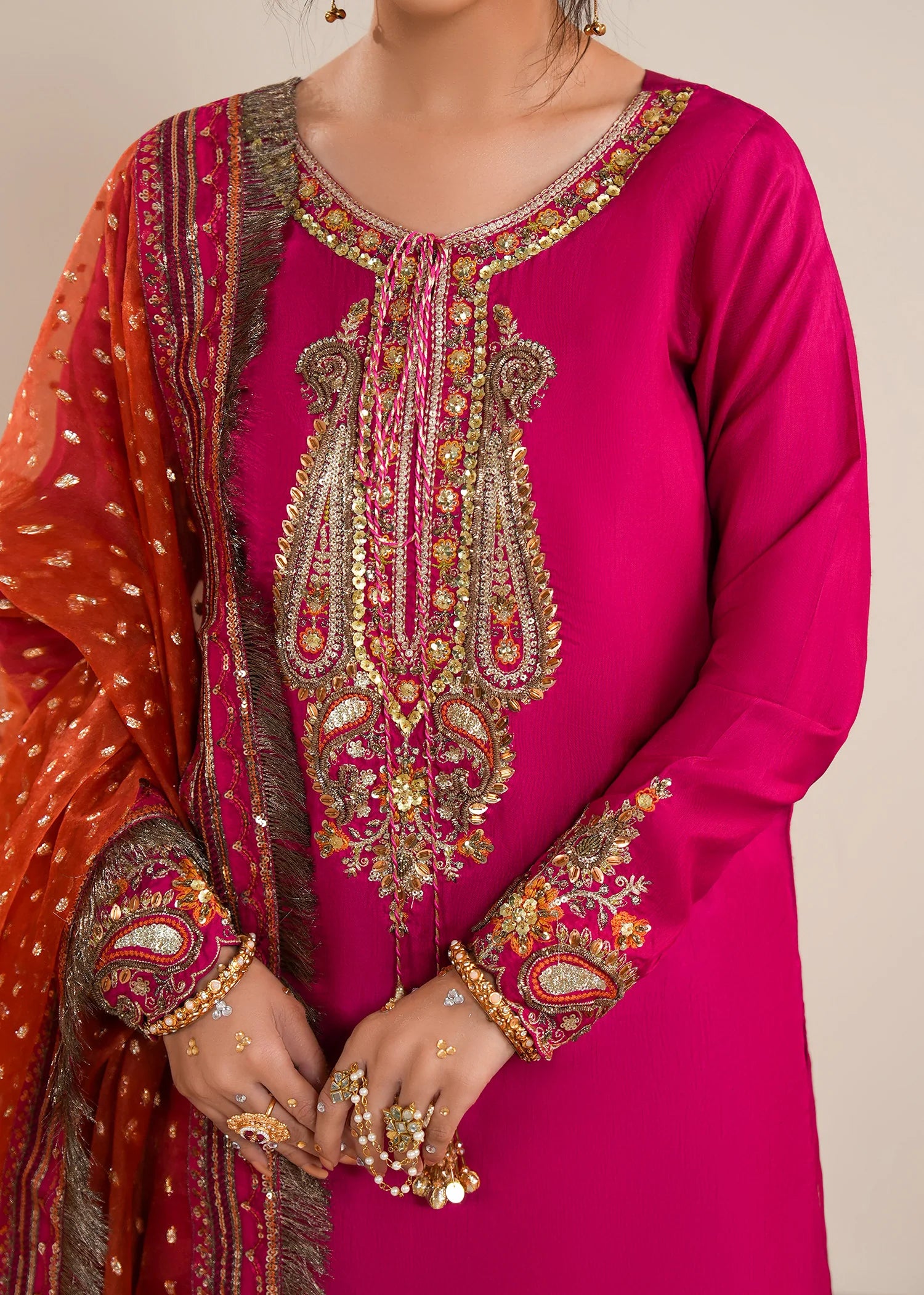 3- Piece Vibrant Fuchsia Raw Silk Sharara Set
