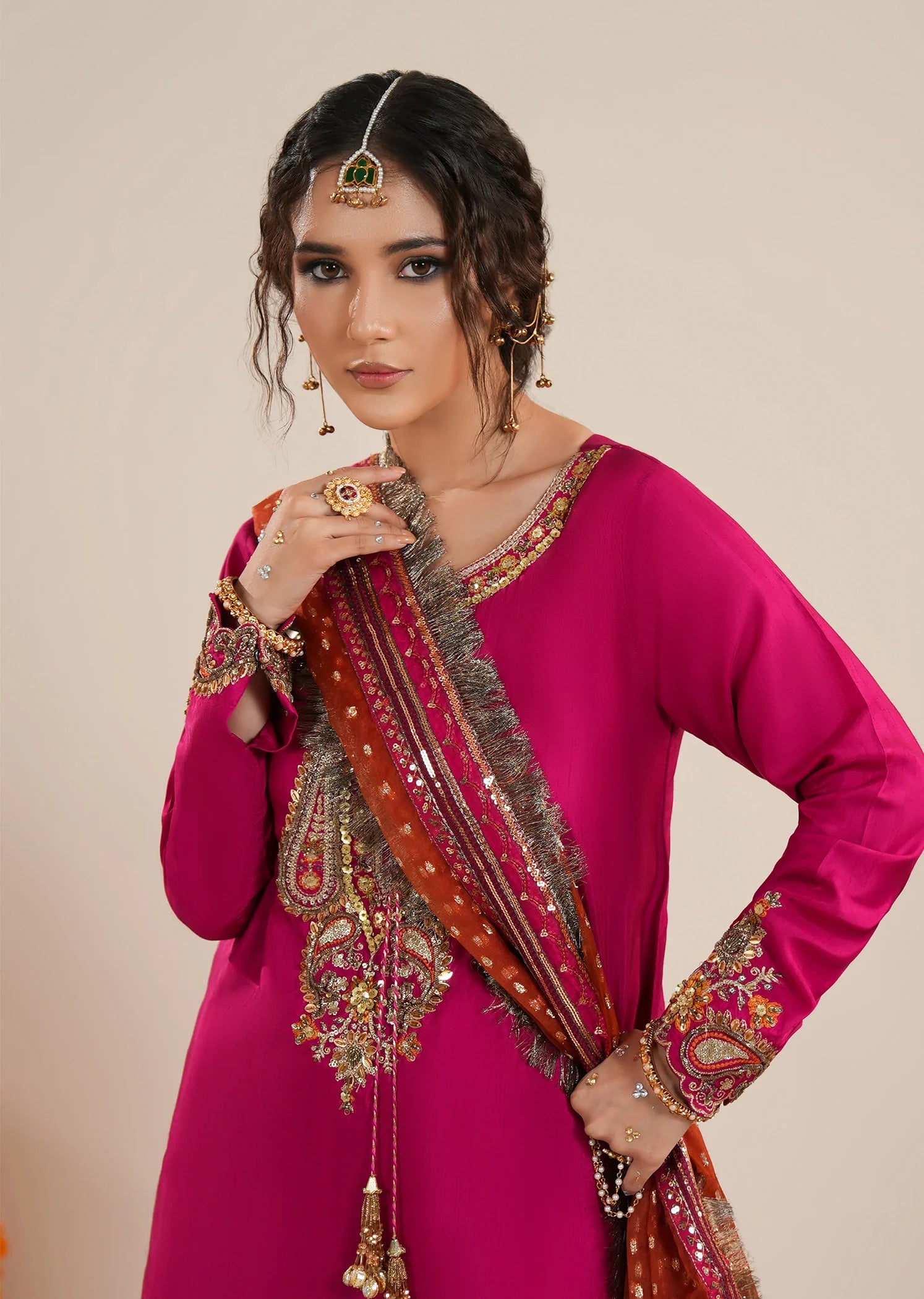 3- Piece Vibrant Fuchsia Raw Silk Sharara Set