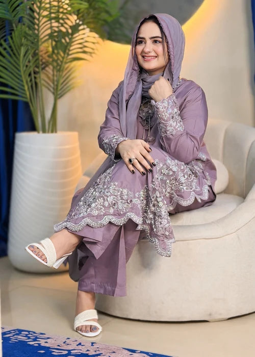 3- Piece Embroidered Raw Silk Suit