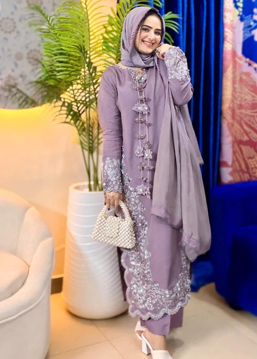 3- Piece Embroidered Raw Silk Suit