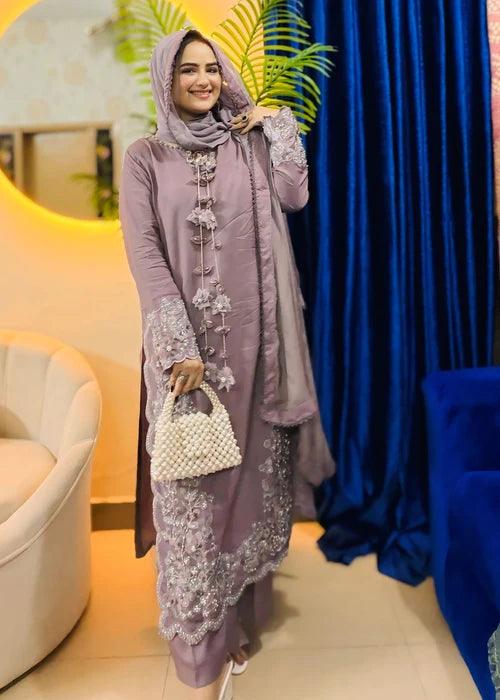 3- Piece Embroidered Raw Silk Suit