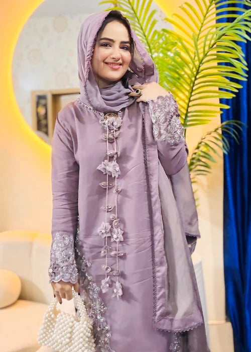 3- Piece Embroidered Raw Silk Suit