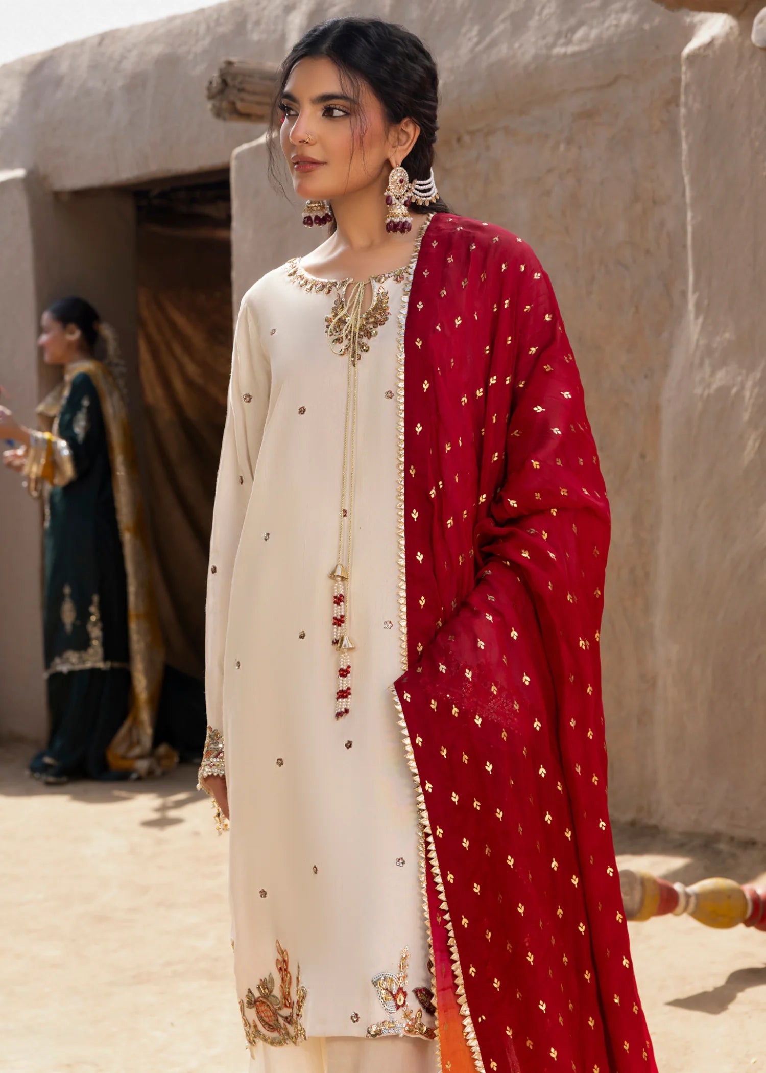 3- Piece Embroidered Raw Silk Festive Suit