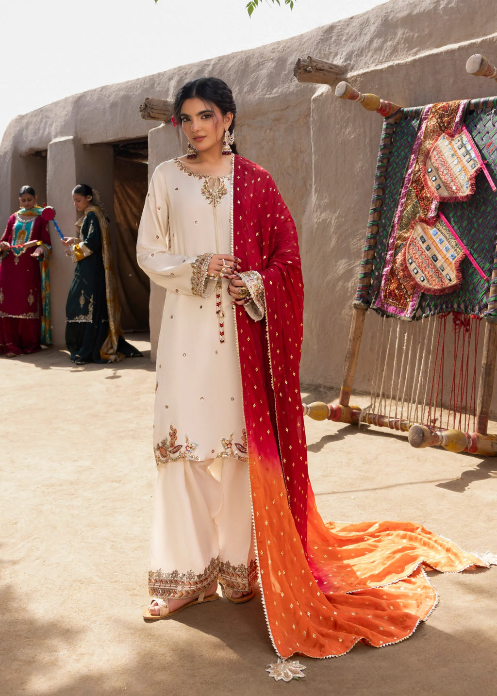 3- Piece Embroidered Raw Silk Festive Suit