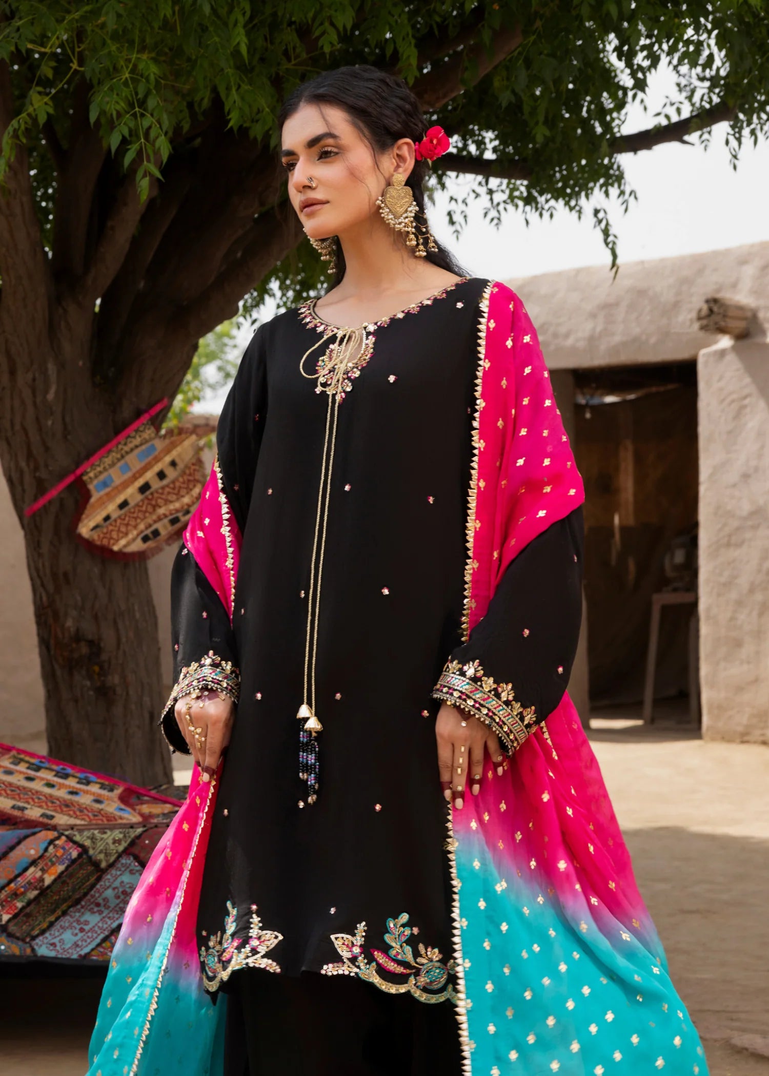 3- Piece Embroidered Raw Silk Suit