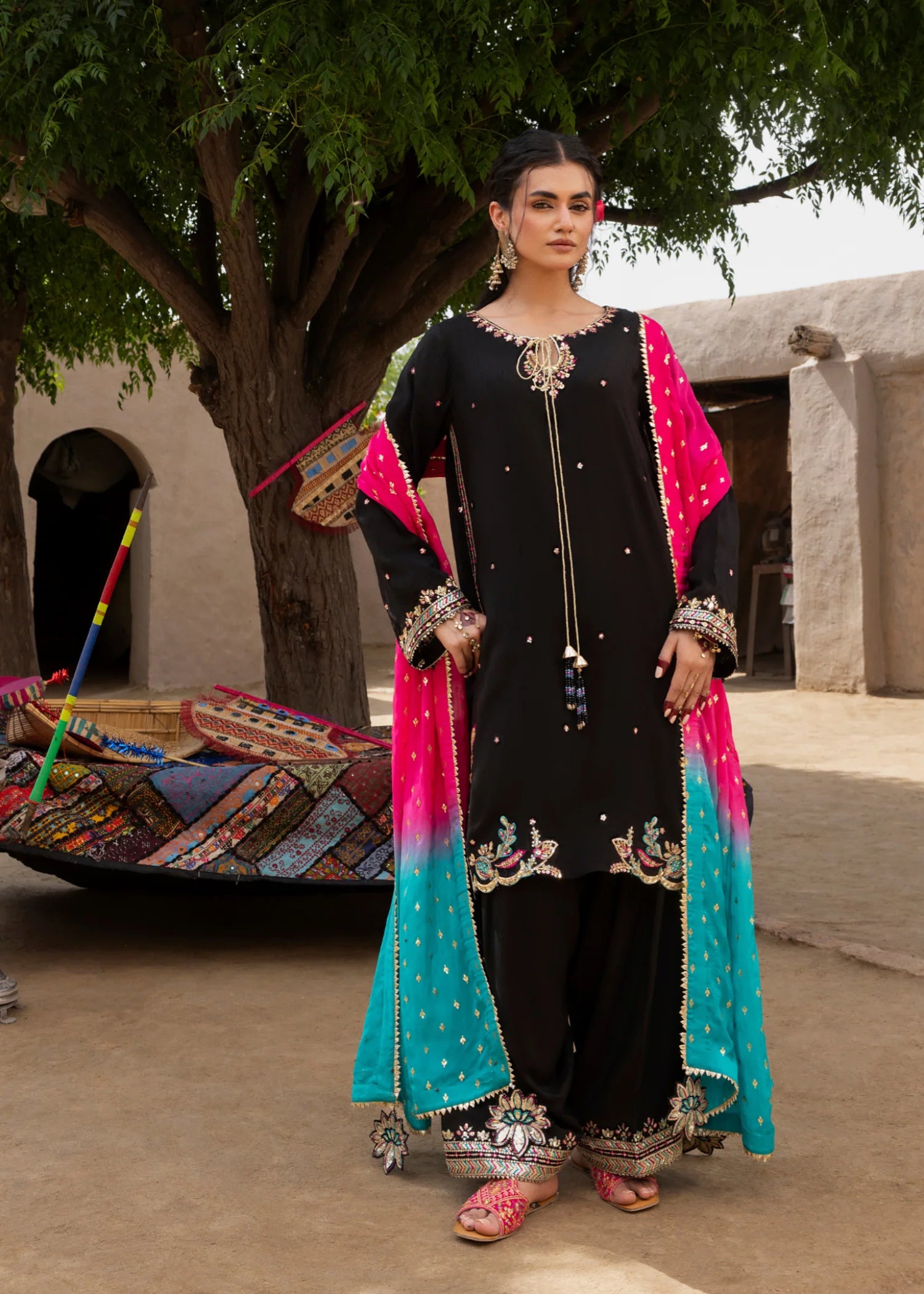 3- Piece Embroidered Raw Silk Suit