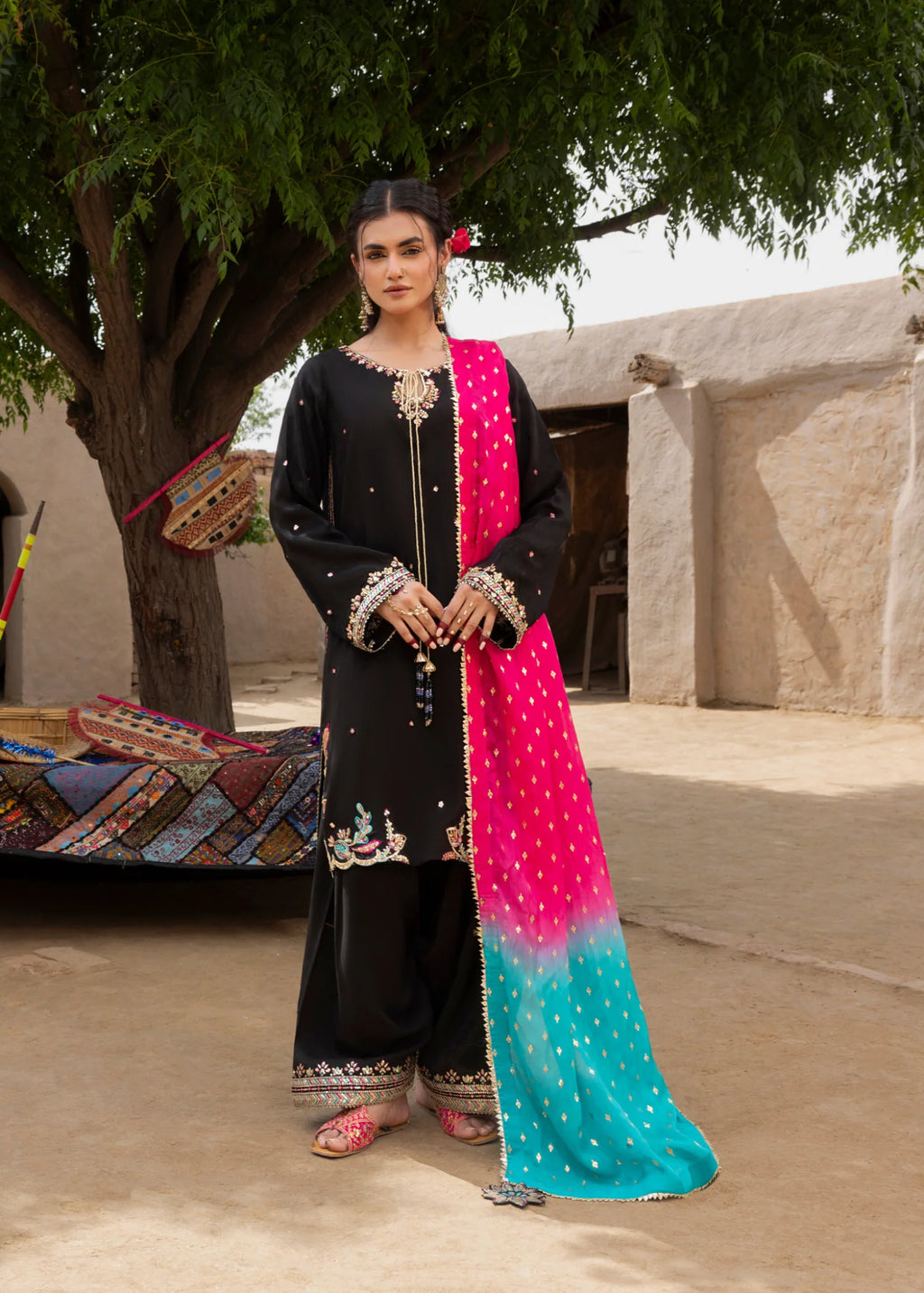 3- Piece Embroidered Raw Silk Suit