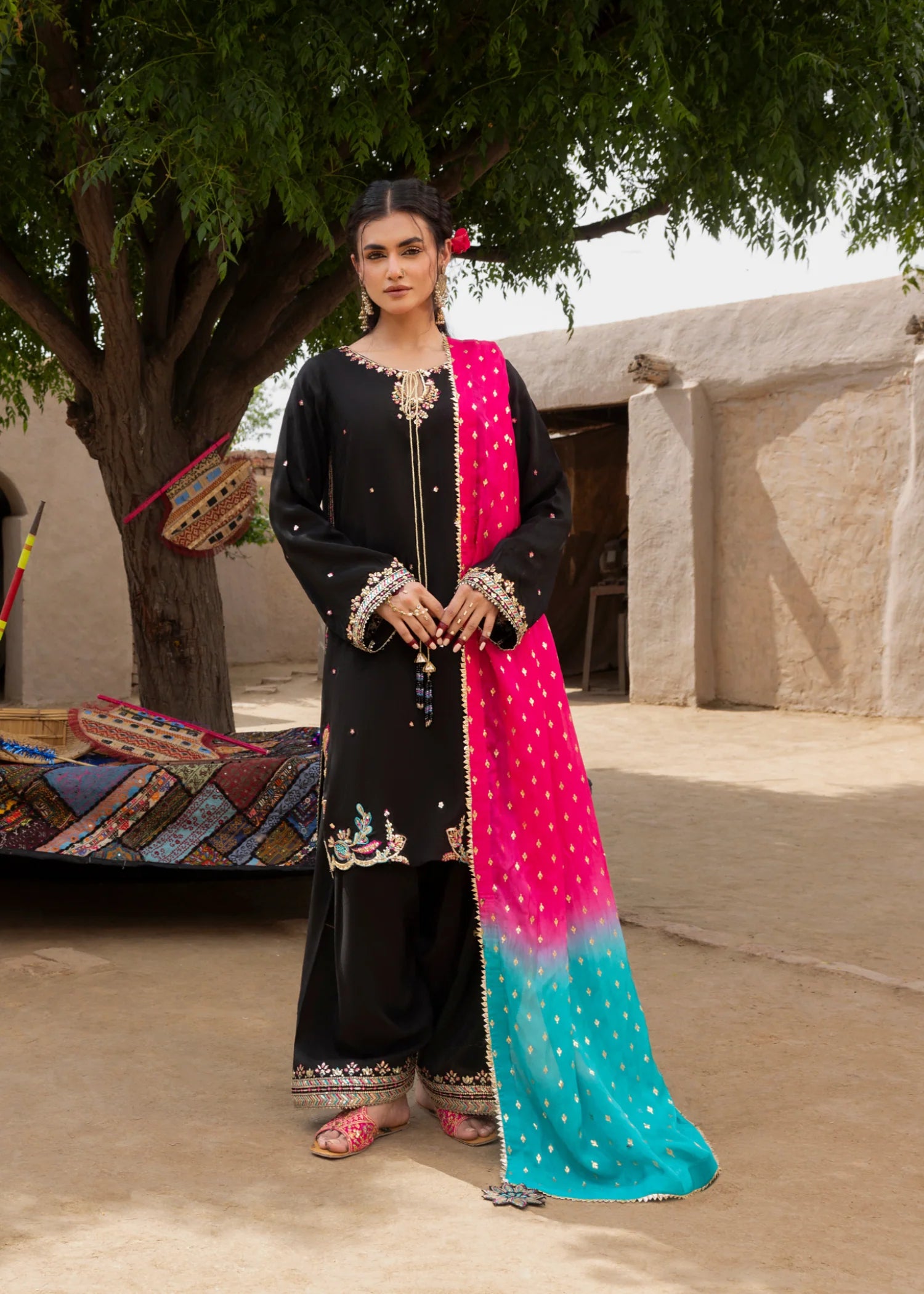 3- Piece Embroidered Raw Silk Suit