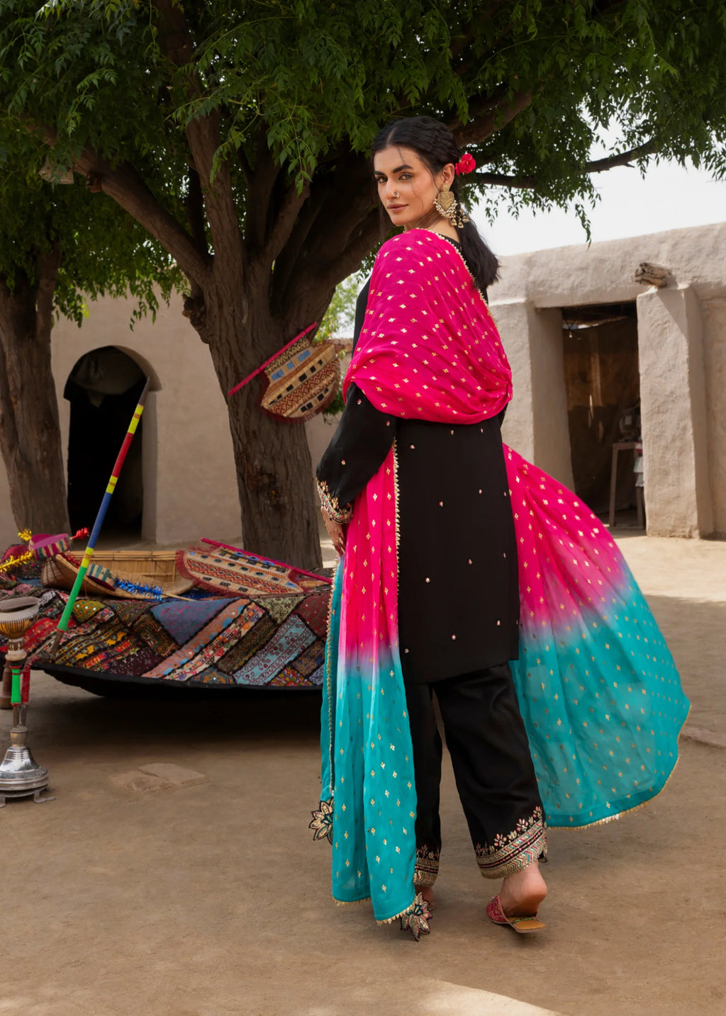 3- Piece Embroidered Raw Silk Suit