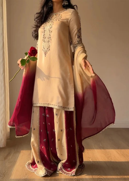 3- Piece Embroidered Raw Silk Suit