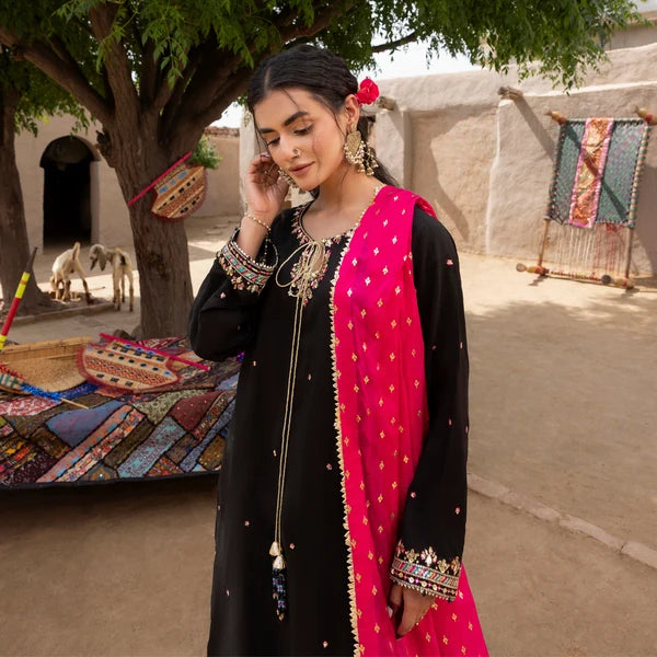 3- Piece Embroidered Raw Silk Suit