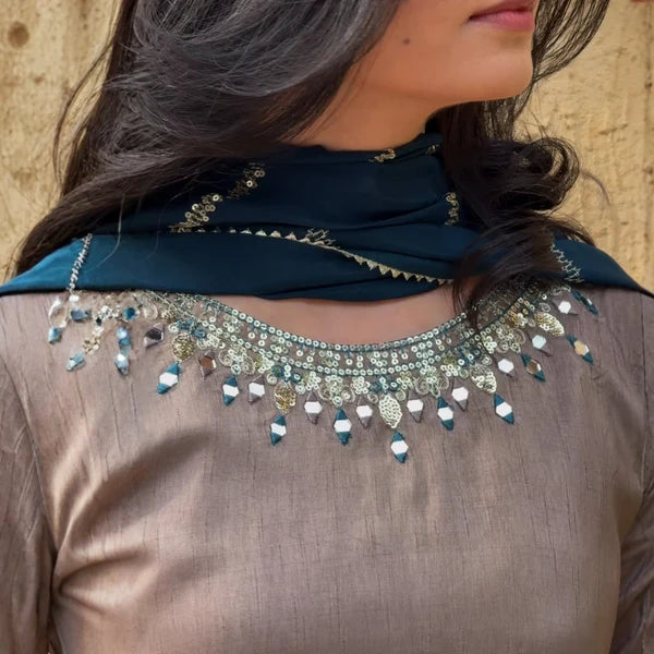 3- Piece Embroidered Raw Silk Suit