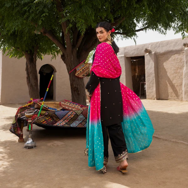 3- Piece Embroidered Raw Silk Suit