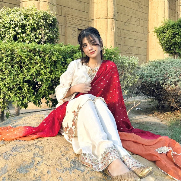 3- Piece Embroidered Raw Silk Suit