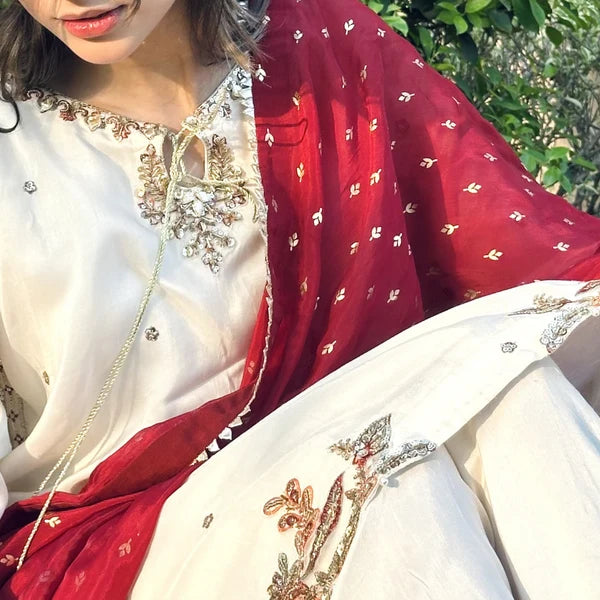 3- Piece Embroidered Raw Silk Suit