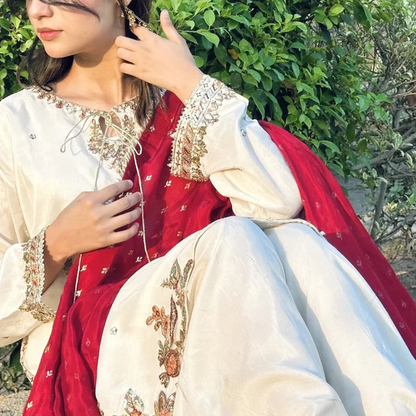 3- Piece Embroidered Raw Silk Suit