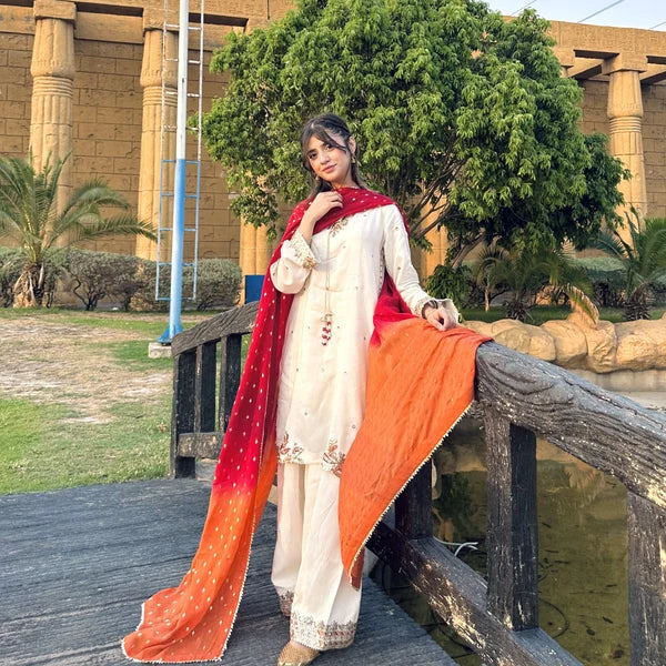 3- Piece Embroidered Raw Silk Suit