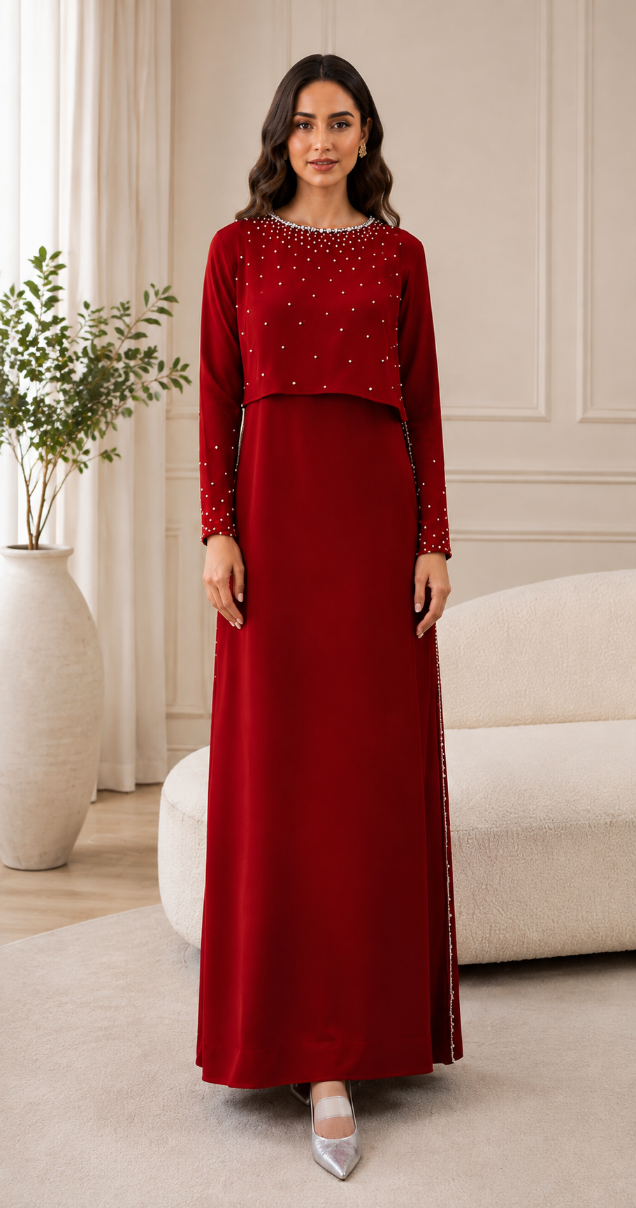 Ruby Silk Ensemble with Embellished Bolero