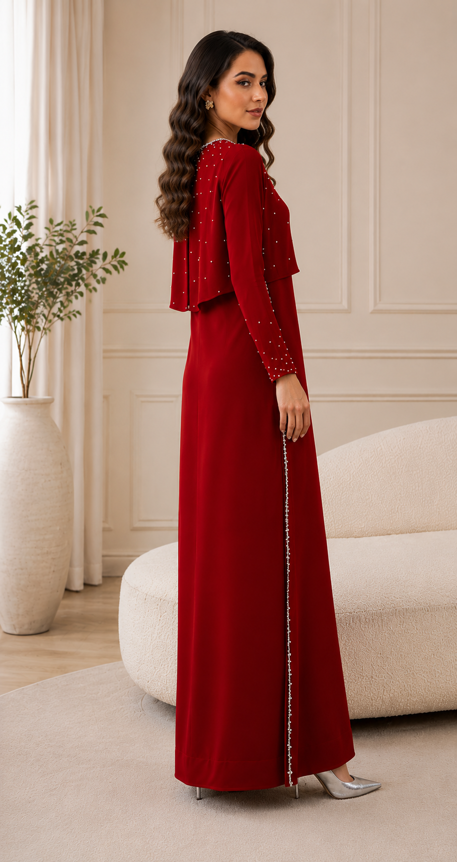 Ruby Silk Ensemble with Embellished Bolero