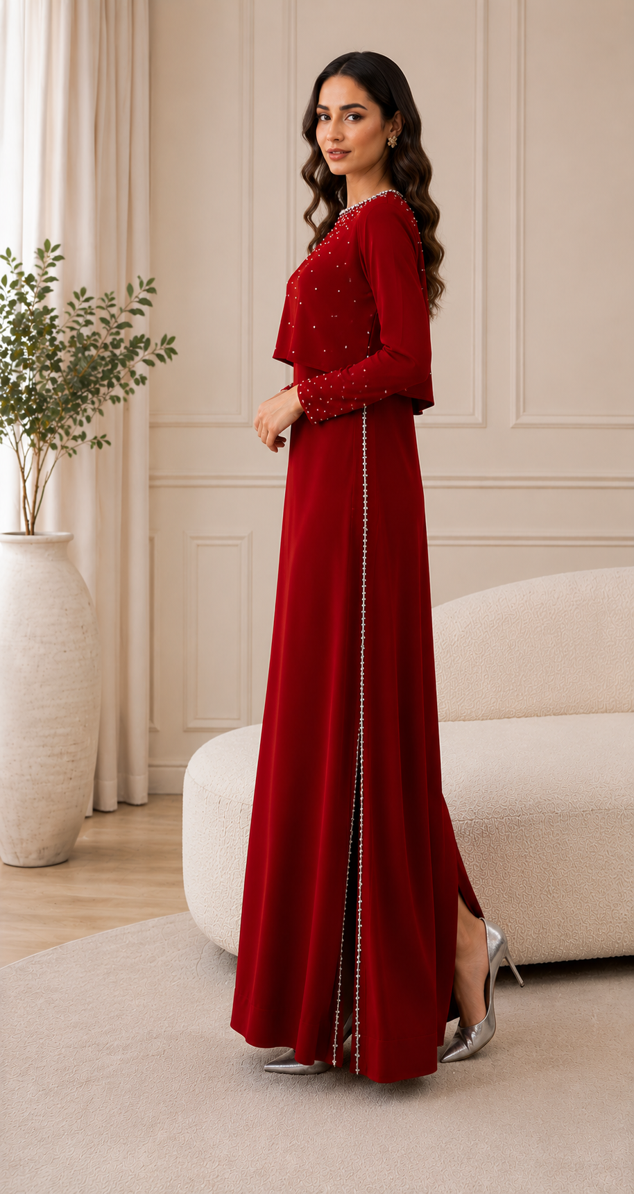Ruby Silk Ensemble with Embellished Bolero