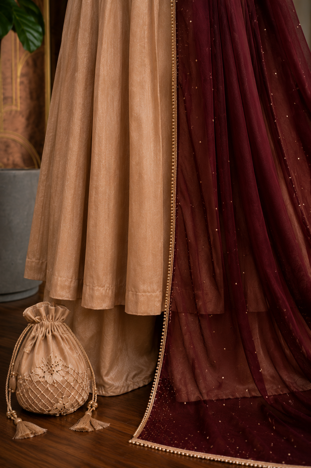 3- Piece Luxury Silk Flared Frock with Embellished Embroidered
