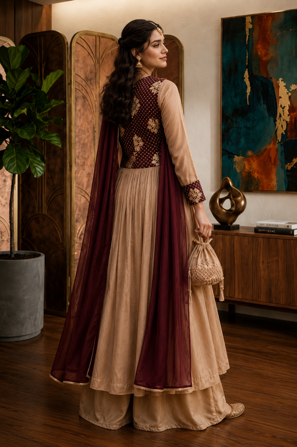 3- Piece Luxury Silk Flared Frock with Embellished Embroidered