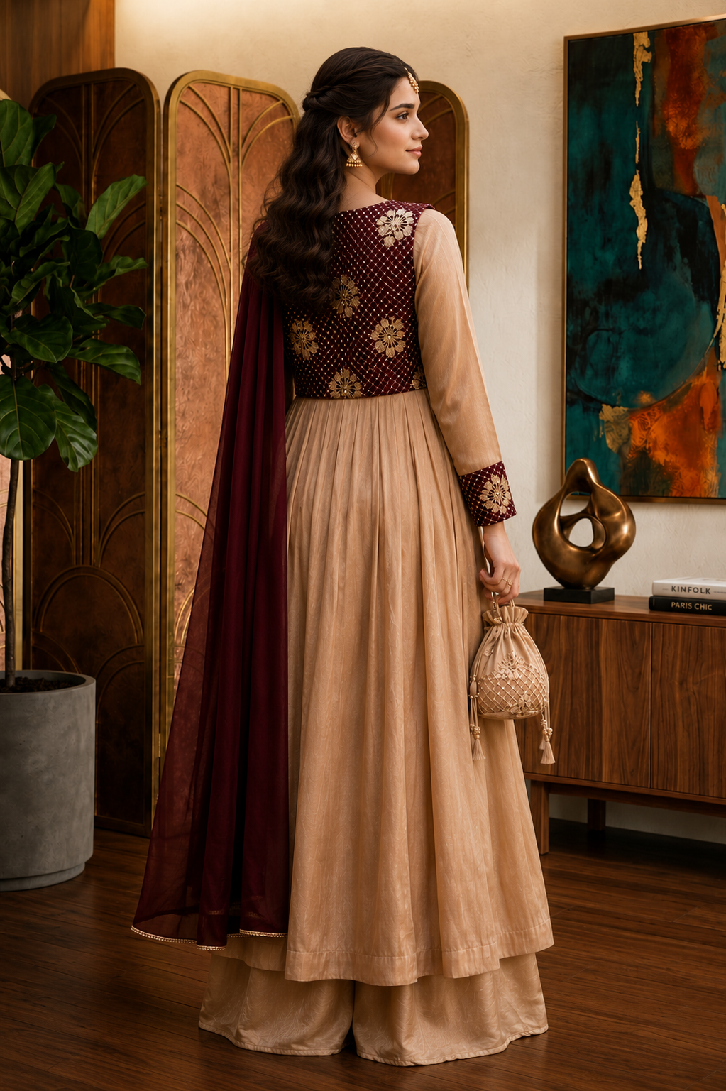 3- Piece Luxury Silk Flared Frock with Embellished Embroidered