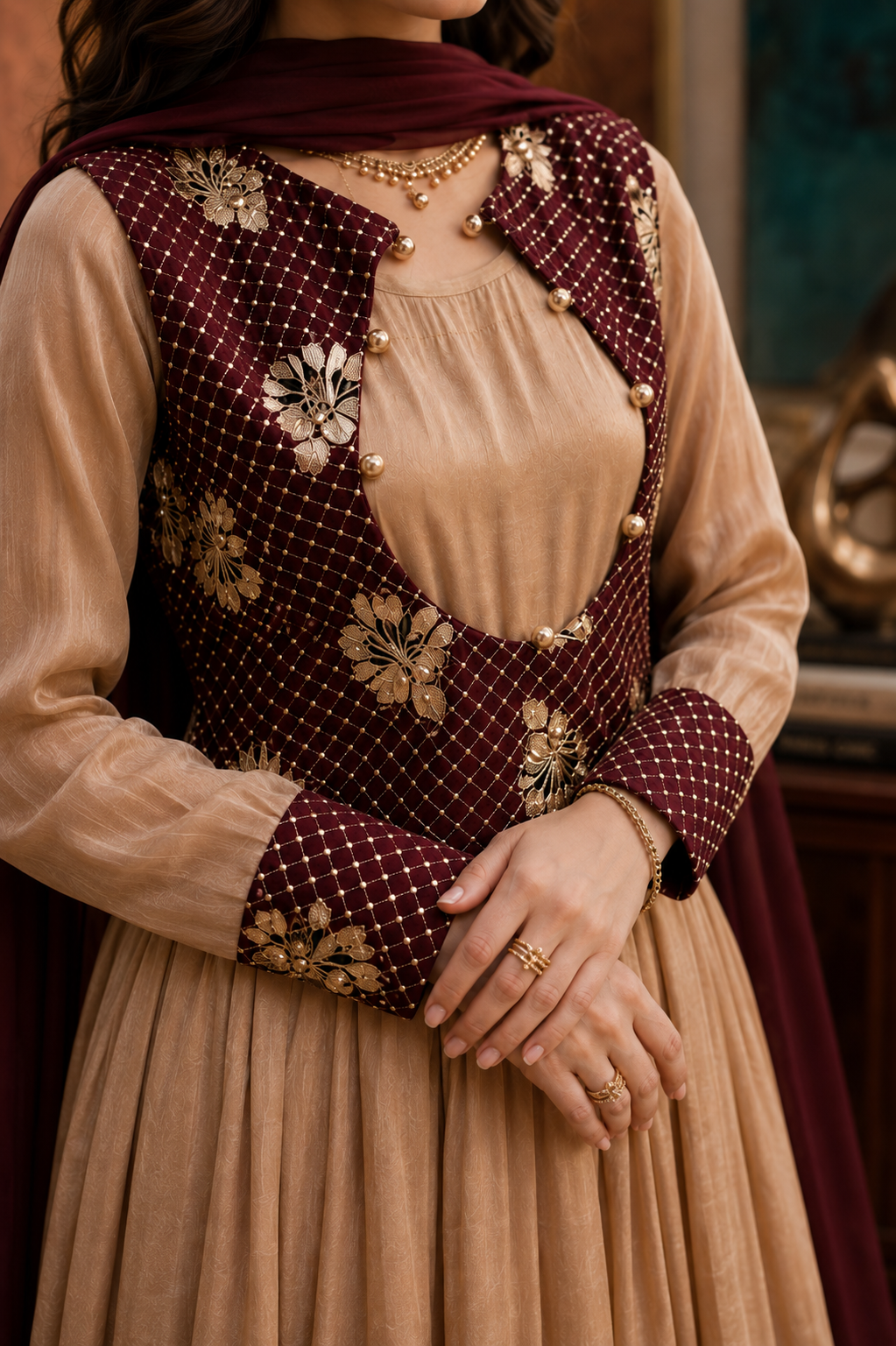 3- Piece Luxury Silk Flared Frock with Embellished Embroidered