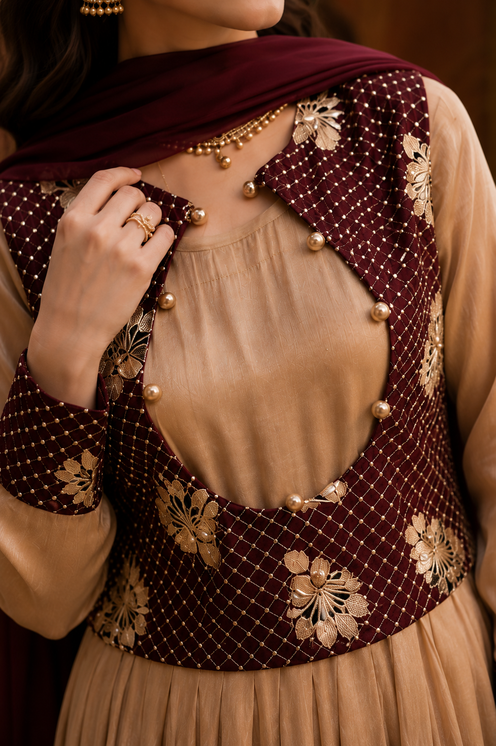 3- Piece Luxury Silk Flared Frock with Embellished Embroidered