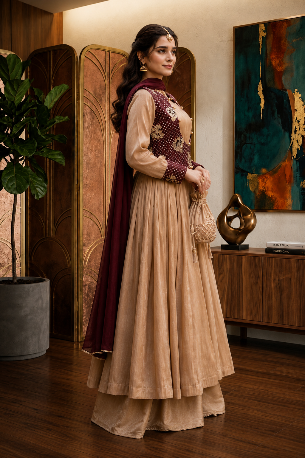 3- Piece Luxury Silk Flared Frock with Embellished Embroidered
