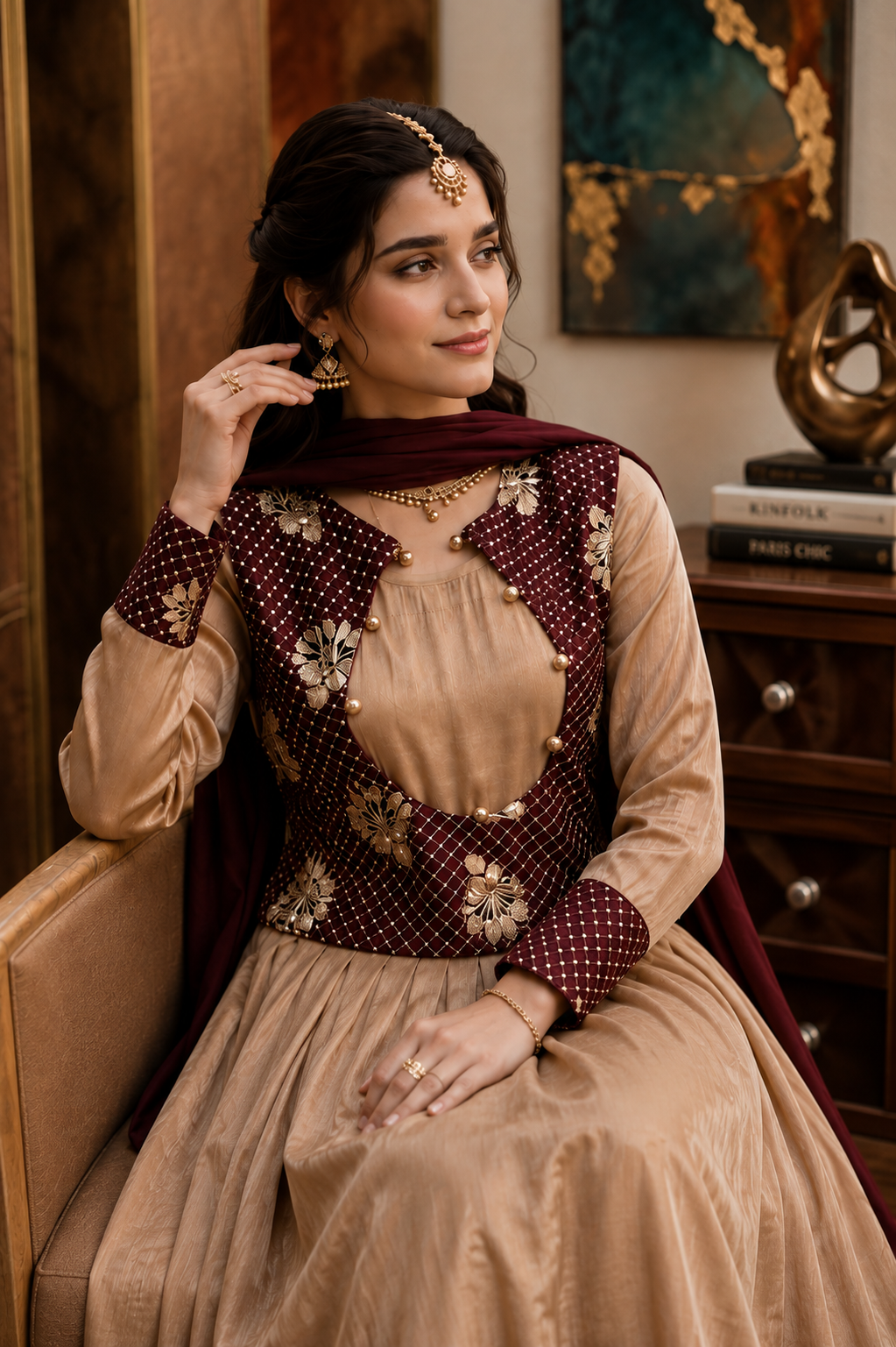 3- Piece Luxury Silk Flared Frock with Embellished Embroidered