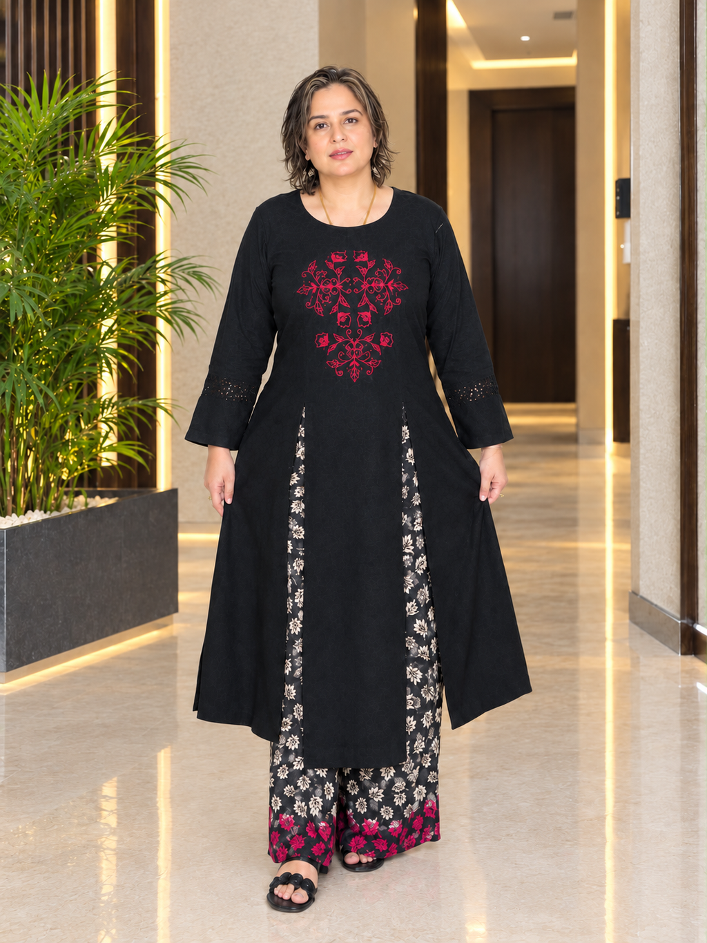 2- Piece Embroidered Black Cambric Suit