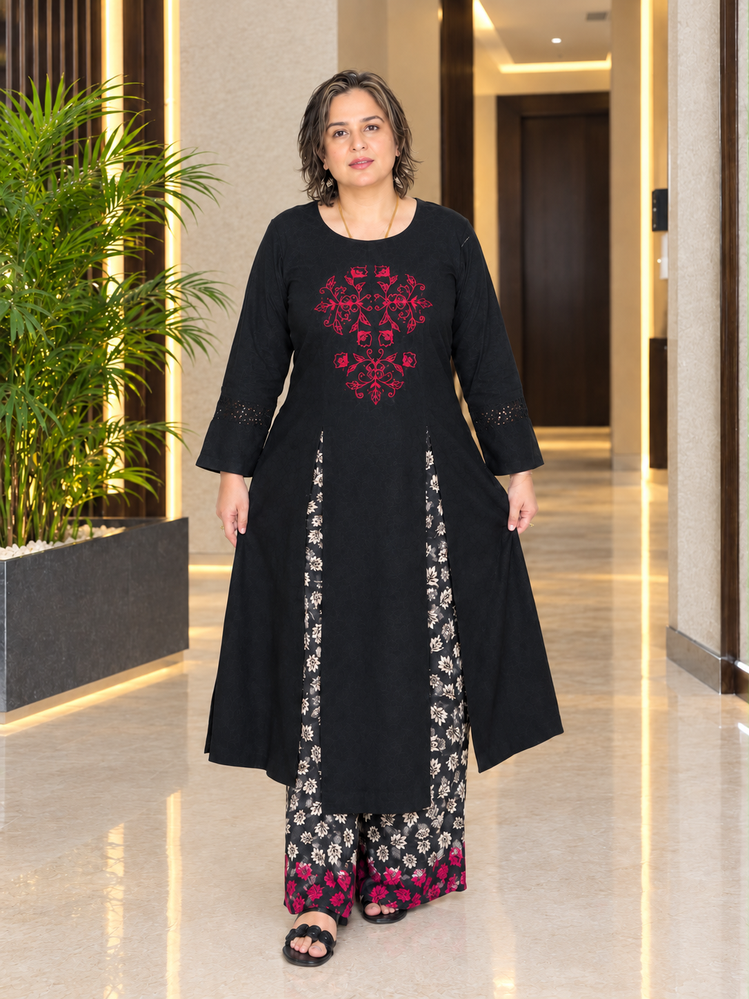 2- Piece Embroidered Black Cambric Suit
