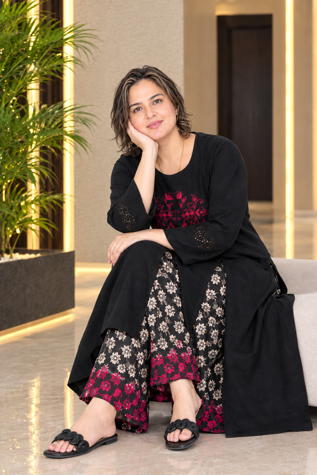 2- Piece Embroidered Black Cambric Suit