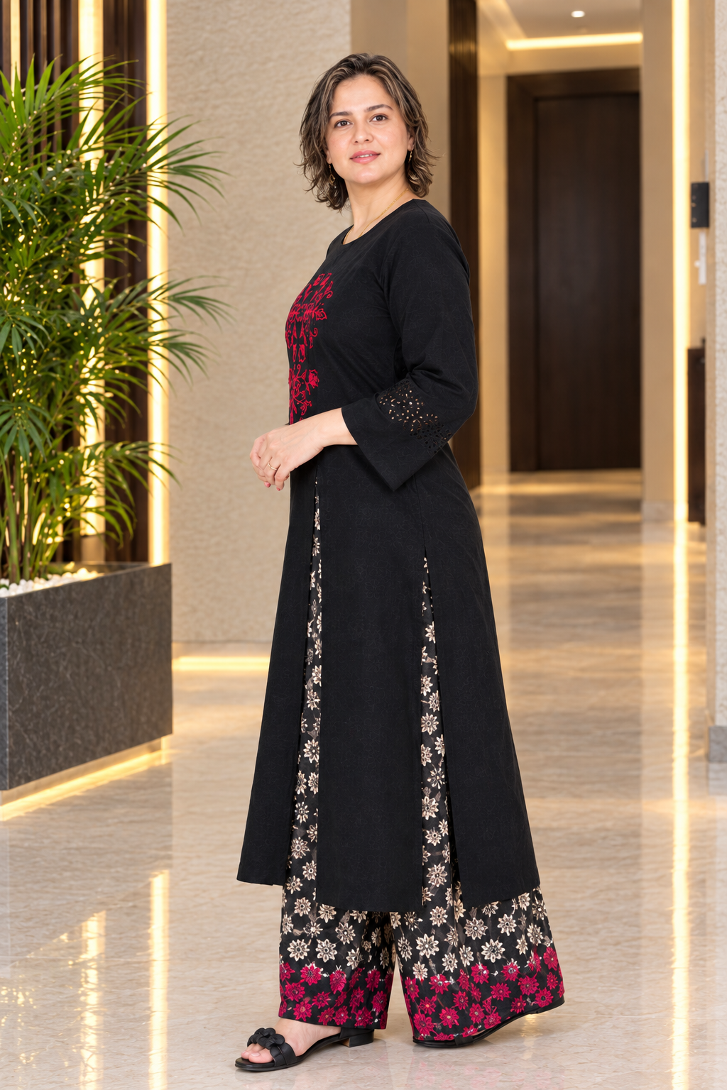 2- Piece Embroidered Black Cambric Suit