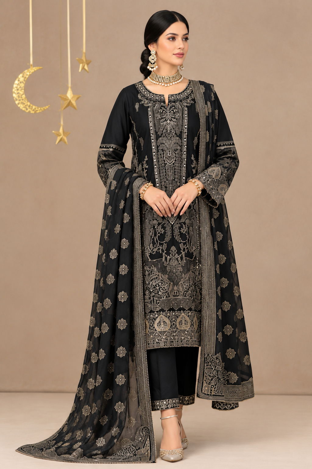 3-Piece Embroidered Ensemble Black Suit